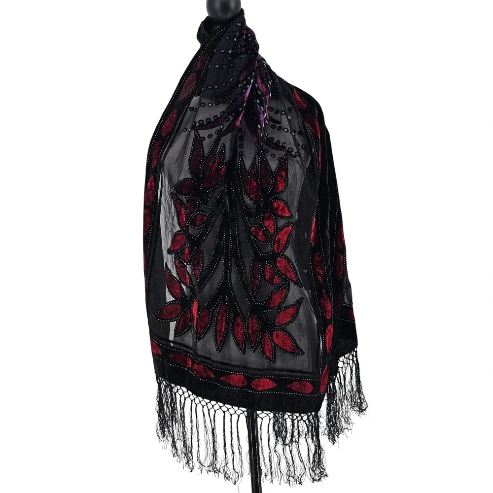 Silk Velvet Burnout Shawl Scarf OS Black Red Gothic Art Deco Flapper Fringe